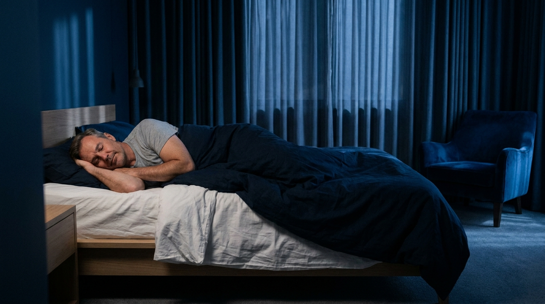 Homme dormant paisiblement sur le côté sans masque, alternative au CPAP