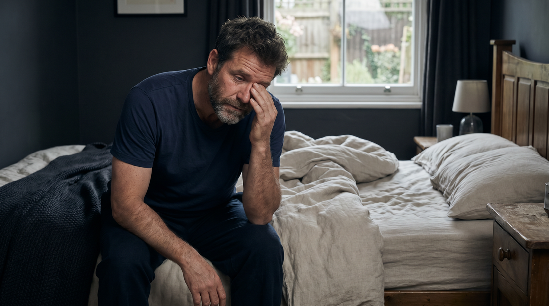 Homme fatigué au réveil, symptômes de l'apnée du sommeil